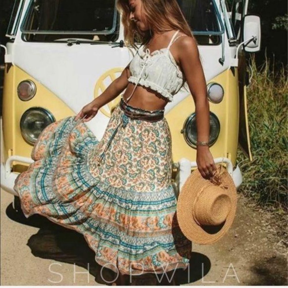 Red Bohemian Gypsy Paisley Print Maxi Skirt - Picture 8 of 12